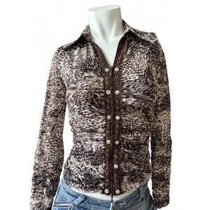 Alberto Makali Sheer Ruched Top S Brown Animal Print Embellished Button Front